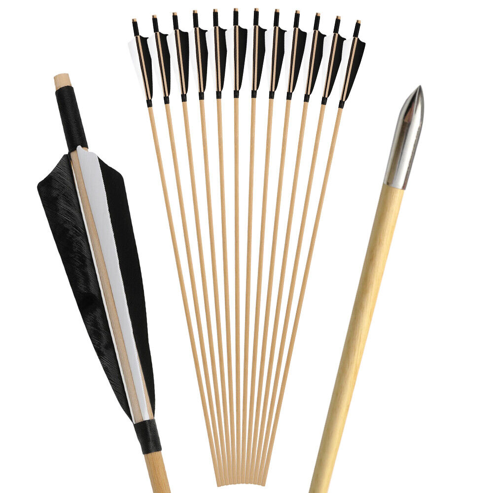 Traditional Wooden Arrows, 31.5", 8mm, 5" Shield Feathers, 12pcs Set, Steel Tips